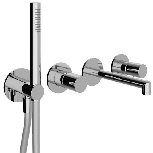 Rubinetterie Treemme 3M T30 RWIT 5BD8 CC 01 + RWIT 51D7 ZZ 12 Miscelatore Vasca / Doccia Meccanico Incasso Muro Parte Interna Esterna Inclusa 4 Fori Senza Piastra Ottone Cromata Monocomando 2 Leve Manopole Stile Moderno Doccetta Metallo Flessibile PVC