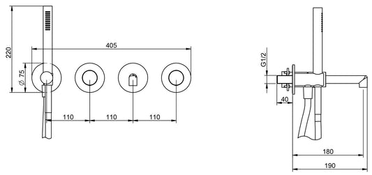 Rubinetterie Treemme 3M T30 RWIT 5BD8 CC 01 + RWIT 51D7 ZZ 12 Miscelatore Vasca / Doccia Meccanico Incasso Muro Parte Interna Esterna Inclusa 4 Fori Senza Piastra Ottone Cromata Monocomando 2 Leve Manopole Stile Moderno Doccetta Metallo Flessibile PVC