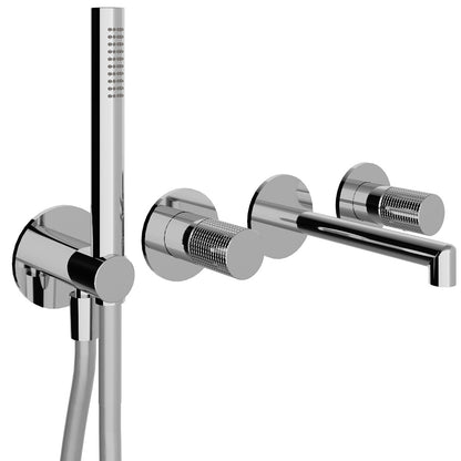 Rubinetterie Treemme 3M T30 RWIT 5BD8 CC Z4 + RWIT 51D7 ZZ 12 Miscelatore Vasca / Doccia Meccanico Incasso Muro Parte Interna Esterna Inclusa 4 Fori Senza Piastra Ottone Cromata Monocomando 2 Leve Manopole Stile Moderno Doccetta Metallo Flessibile PVC