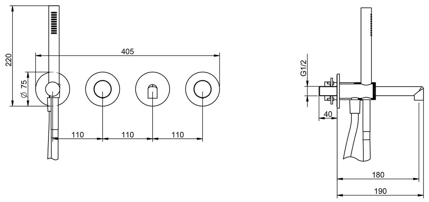 Rubinetterie Treemme 3M T30 RWIT 5BD8 CC Z4 + RWIT 51D7 ZZ 12 Miscelatore Vasca / Doccia Meccanico Incasso Muro Parte Interna Esterna Inclusa 4 Fori Senza Piastra Ottone Cromata Monocomando 2 Leve Manopole Stile Moderno Doccetta Metallo Flessibile PVC