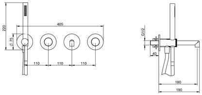 Rubinetterie Treemme 3M T30 RWIT 5BD8 CC Z4 + RWIT 51D7 ZZ 12 Miscelatore Vasca / Doccia Meccanico Incasso Muro Parte Interna Esterna Inclusa 4 Fori Senza Piastra Ottone Cromata Monocomando 2 Leve Manopole Stile Moderno Doccetta Metallo Flessibile PVC