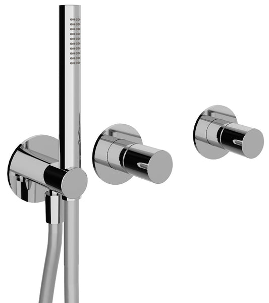 Rubinetterie Treemme 3M T30 RWIT 5BD9 CC 01 + RWIT 51D9 ZZ 01 Miscelatore Vasca / Doccia Meccanico Incasso Muro Parte Interna Esterna Inclusa 3 Fori Senza Piastra Ottone Cromata Monocomando 2 Leve Manopole Stile Moderno Doccetta Metallo Flessibile PVC