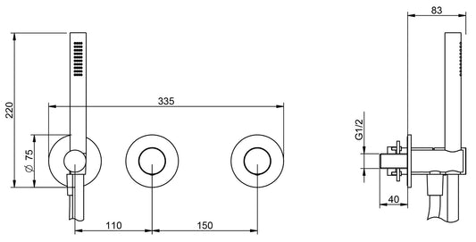 Rubinetterie Treemme 3M T30 RWIT 5BD9 CC 01 + RWIT 51D9 ZZ 01 Miscelatore Vasca / Doccia Meccanico Incasso Muro Parte Interna Esterna Inclusa 3 Fori Senza Piastra Ottone Cromata Monocomando 2 Leve Manopole Stile Moderno Doccetta Metallo Flessibile PVC