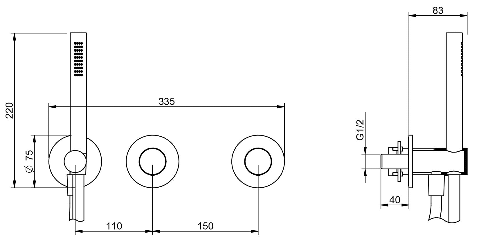 Rubinetterie Treemme 3M T30 RWIT 5BD9 CC Z4 + RWIT 51D9 ZZ 01 Miscelatore Vasca / Doccia Meccanico Incasso Muro Parte Interna Esterna Inclusa 3 Fori Senza Piastra Ottone Cromata Monocomando 2 Leve Manopole Stile Moderno Doccetta Metallo Flessibile PVC