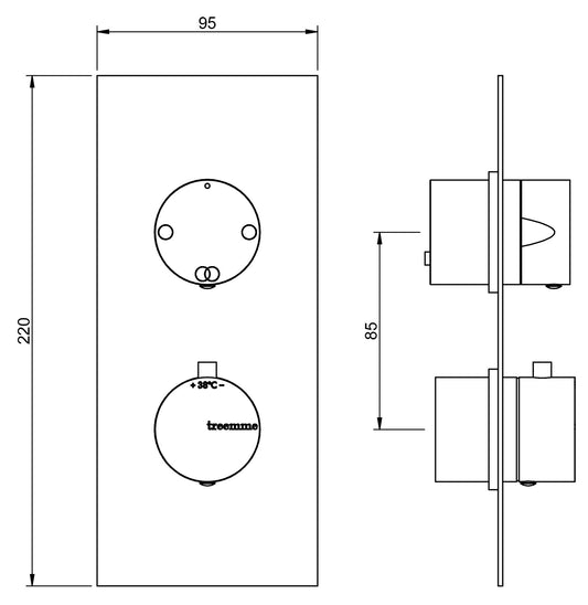 Rubinetterie Treemme 3M T30 RWIT 8A46 CC 03 + RWIT 8A46 ZZ 20 Miscelatore Termostatico Doccia Incasso Muro Con Deviatore A 2 Uscite Con Piastra Due Fori Materiale Ottone Finitura Cromata