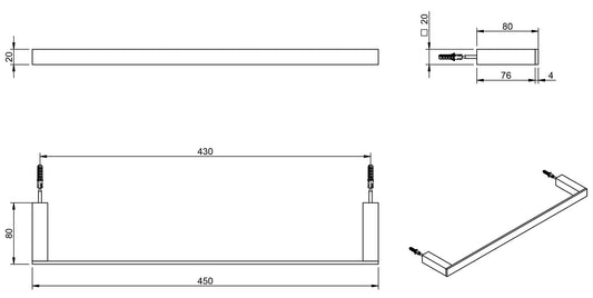 Rubinetterie Treemme 3M TAG# Quadra IT 1Z06 CC ZZ ZZ Portasalviette Per Bagno Installazione A Parete Forma Squadrata Lunghezza 450 mm Profondità 80 mm Materiale Ottone Finitura Cromata