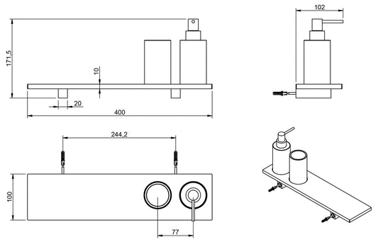 Rubinetterie Treemme 3M TAG# Quadra IT 1Z73 CC ZZ ZZ Portadosatore Portadispenser Sapone Portabicchiere Portaoggetti Per Bagno Installazione A Parete Larghezza 400 mm Profondità 100 mm Ottone Cromato Con Bicchiere Dosatore e Piano In Pom C Bianco