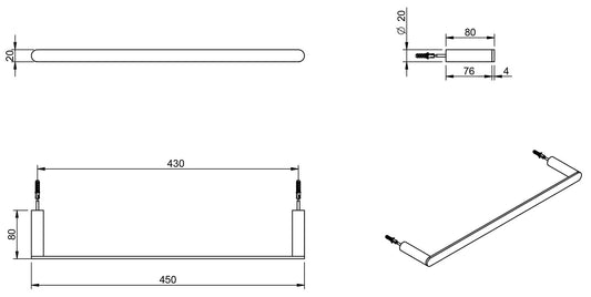 Rubinetterie Treemme 3M TAG# Tonda IT 2Z06 CC ZZ ZZ Portasalviette Per Bagno Installazione A Parete Lunghezza 450 mm Profondità 80 mm Diametro Ø20 mm Materiale Ottone Finitura Cromata