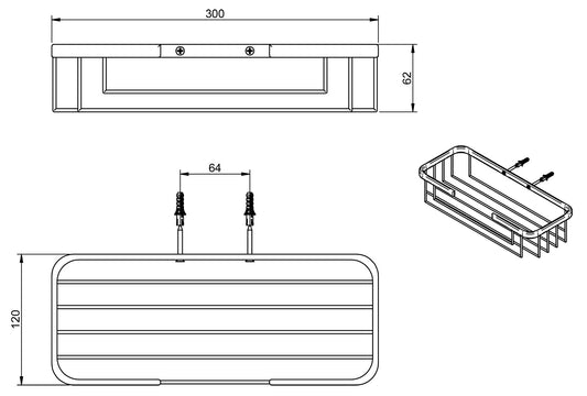 Rubinetterie Treemme 3M TAG# Quadra IT 3Z02 CC ZZ ZZ Griglia Portaspugna Cestino Doccia Portaoggetti Per Bagno Installazione A Parete Rettangolare Larghezza 300 mm Profondità 120 mm Altezza 62 mm Materiale Ottone Finitura Cromato