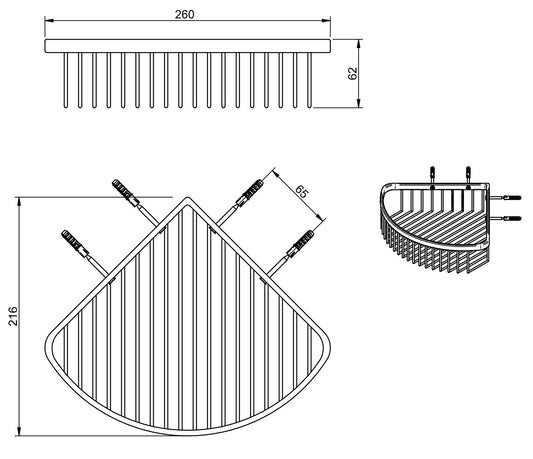 Rubinetterie Treemme 3M TAG# Filo IT 3Z36 CC ZZ ZZ Griglia Portaspugna Cestino Doccia Portaoggetti Angolare Per Bagno Installazione A Parete Triangolare Larghezza 260 mm Profondità 216 mm Altezza 62 mm Materiale Ottone Finitura Cromato