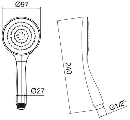 Rubinetterie Treemme 3M Contract Termo S + Showers IT RTDO 155 CC Doccetta a Mano Monogetto Anticalcare Forma Tonda Diametro Ø 97 mm Altezza 240 mm Materiale ABS Finitura Cromata Uscita Acqua Pioggia Portata 8 Litri Al Minuto