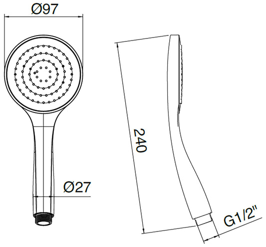 Rubinetterie Treemme 3M Contract Termo S + Showers IT RTDO 155 CC Doccetta a Mano Monogetto Anticalcare Forma Tonda Diametro Ø 97 mm Altezza 240 mm Materiale ABS Finitura Cromata Uscita Acqua Pioggia Portata 8 Litri Al Minuto