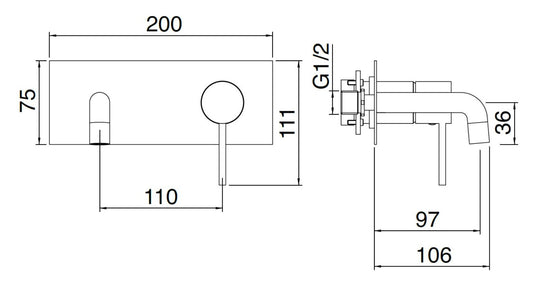 Rubinetterie Treemme 3M UP+ RWIT 6BA5 CC BC + RWIT 51A5 ZZ 01 Miscelatore Monocomando Lavabo Incasso 97 Installazione Parete 1 Leva a Destra 2 Fori Meccanico Moderno Con Piastra Orizzontale Lunghezza 106 mm Ottone Cromata Parte Interna Esterna Incluse