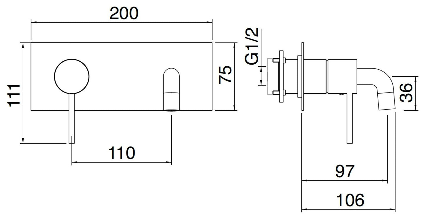 Rubinetterie Treemme 3M UP+ RWIT 6BA7 CC BC + RWIT 51A5 ZZ 01 Miscelatore Monocomando Lavabo Incasso 97 Installazione Parete 1 Leva a Sinistra 2 Fori Meccanico Moderno Con Piastra Orizzontale Lunghezza 106 mm Ottone Cromata Parte Interna Esterna Incluse
