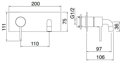 Rubinetterie Treemme 3M UP+ RWIT 6BA7 CC BC + RWIT 51A5 ZZ 01 Miscelatore Monocomando Lavabo Incasso 97 Installazione Parete 1 Leva a Sinistra 2 Fori Meccanico Moderno Con Piastra Orizzontale Lunghezza 106 mm Ottone Cromata Parte Interna Esterna Incluse