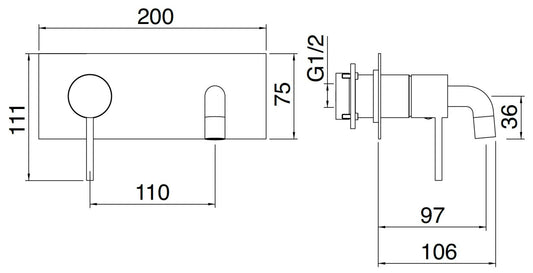 Rubinetterie Treemme 3M UP+ RWIT 6BA7 CC BC + RWIT 51A5 ZZ 01 Miscelatore Monocomando Lavabo Incasso 97 Installazione Parete 1 Leva a Sinistra 2 Fori Meccanico Moderno Con Piastra Orizzontale Lunghezza 106 mm Ottone Cromata Parte Interna Esterna Incluse