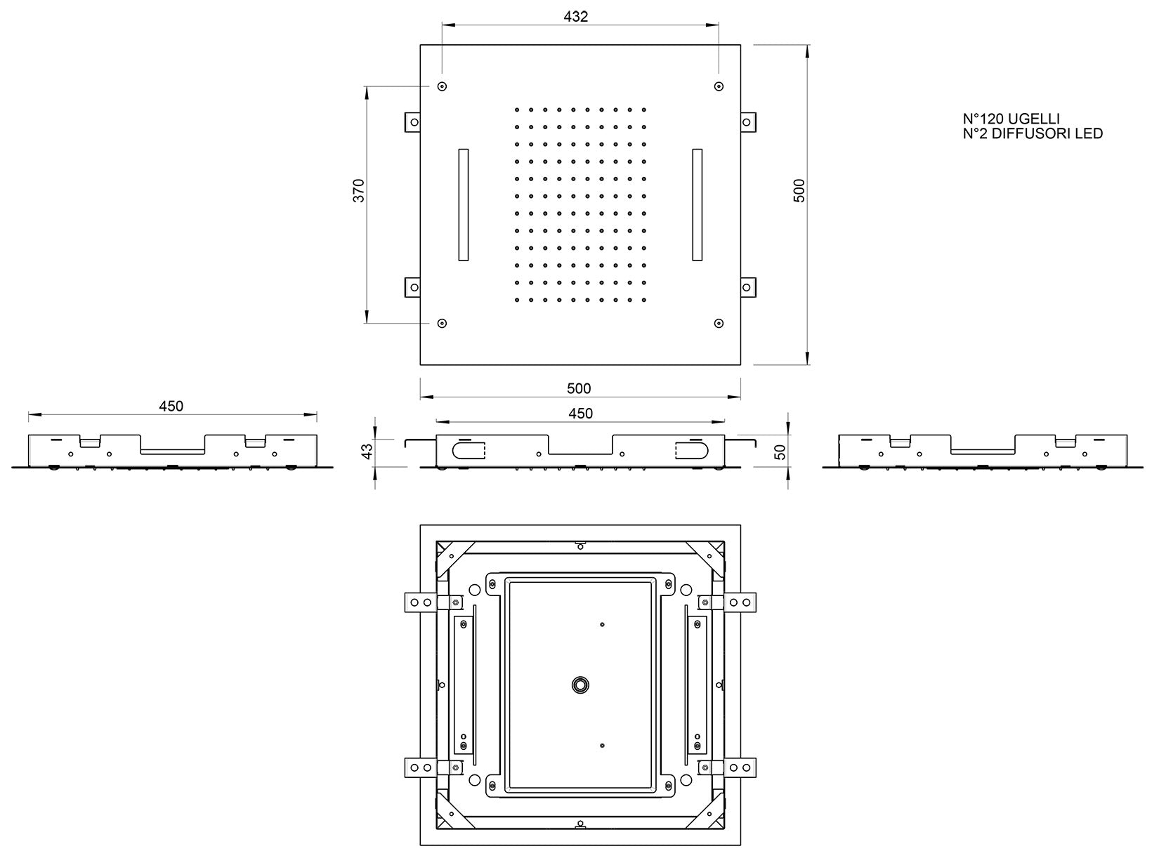 Rubinetterie Treemme 3M W-70S IT RTBR 505 CC Soffione Doccia ad Incasso a Soffitto Forma Quadrata Misura 500x500 mm Uscita Acqua a Pioggia Cromoterapia Stile Moderno Materiale Acciaio Inox Finitura Cromata
