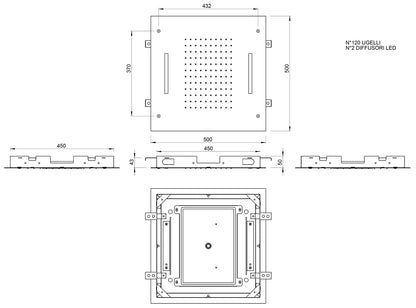 Rubinetterie Treemme 3M W-70S IT RTBR 505 CC Soffione Doccia ad Incasso a Soffitto Forma Quadrata Misura 500x500 mm Uscita Acqua a Pioggia Cromoterapia Stile Moderno Materiale Acciaio Inox Finitura Cromata