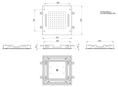 Rubinetterie Treemme 3M W-70S IT RTBR 506 CC Soffione Doccia ad Incasso a Soffitto Forma Quadrata Misura 400x400 mm Uscita Acqua a Pioggia Cromoterapia Stile Moderno Materiale Acciaio Inox Finitura Cromata