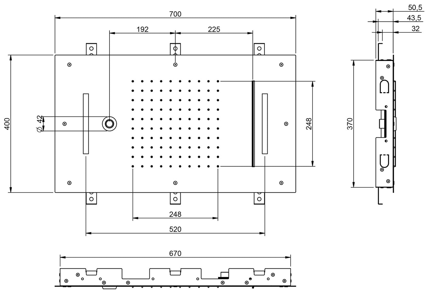 Rubinetterie Treemme 3M W-70S IT RTBR 587 CC Soffione Doccia ad Incasso a Soffitto Forma Rettangolare Misura 700x400 mm Uscita Acqua a Pioggia Cascata Getto Cromoterapia Stile Moderno Materiale Acciaio Inox Finitura Cromata