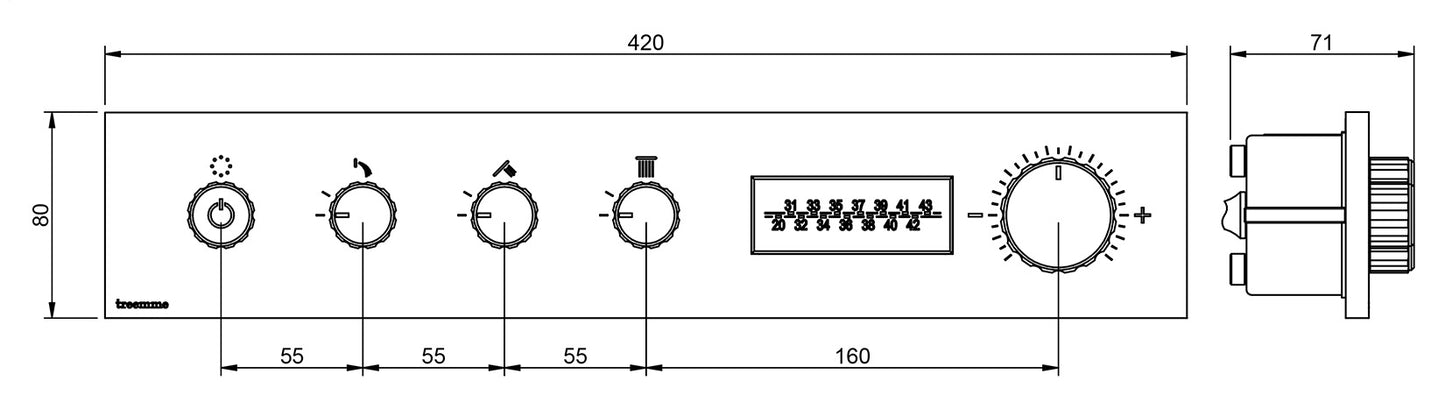 Rubinetterie Treemme 3M W-70S RWIT 7B94 CC LD + RWIT 7BF4 ZZ 30 Miscelatore Doccia Termostatico Incasso 3 Uscite Per LED Parete 5 Fori Manopole Display Elettronico Digitale Parte Interna Esterna Incluse Stile Moderno Con Piastra Ottone Cromata