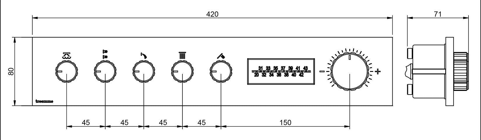 Rubinetterie Treemme 3M W-70S RWIT 7BF5 CC 01 + RWIT 7BF4 ZZ 30 Miscelatore Doccia Termostatico Incasso 5 Uscite Parete 6 Fori Display Elettronico Digitale Parte Interna Esterna Incluse Stile Moderno Con Piastra Materiale Ottone Finitura Cromata