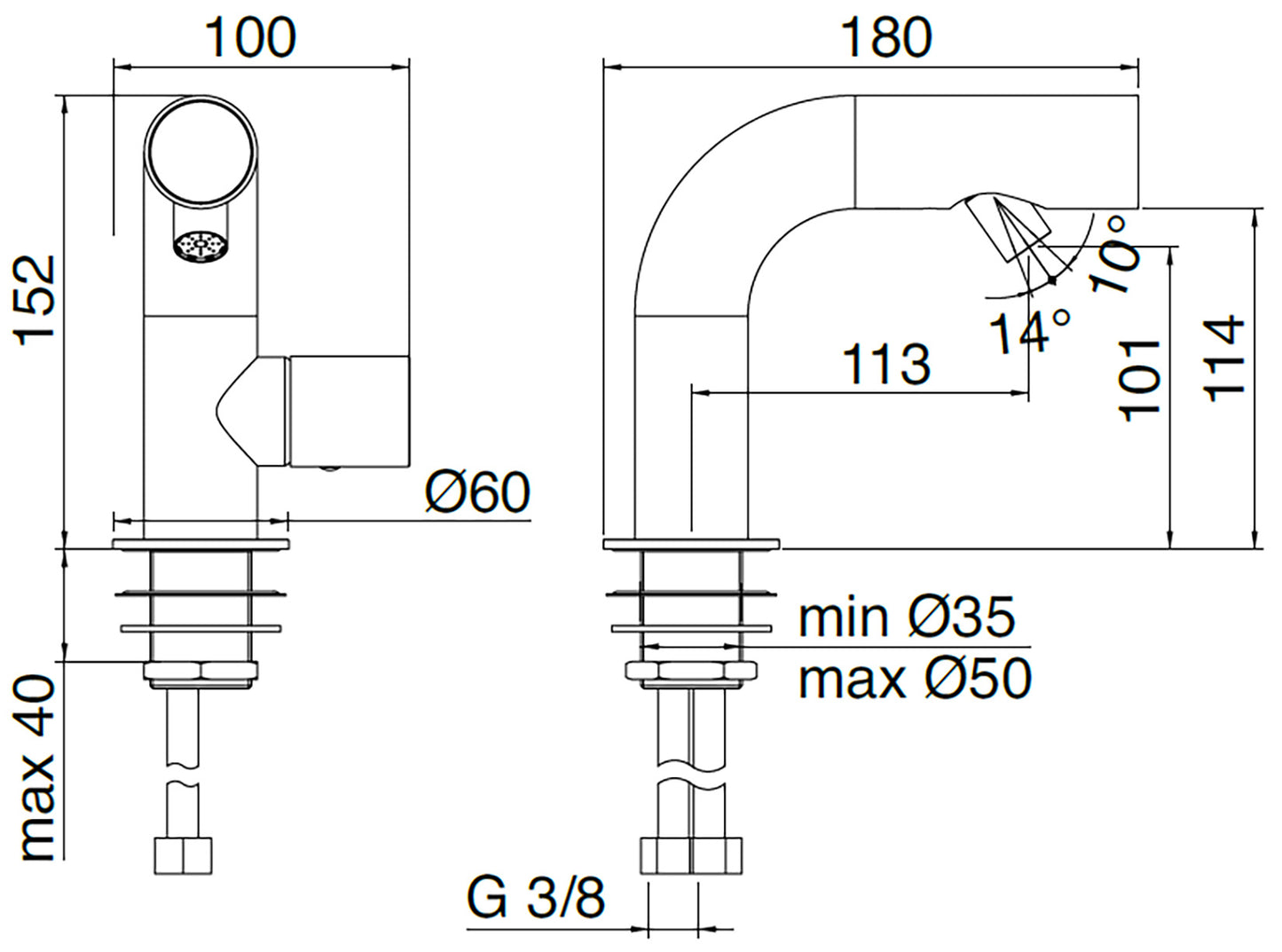 Rubinetterie Treemme 3M WaterTube IT 4A22 IS WT ZZ Miscelatore Monocomando Bidet Monoforo Appoggio 1 Manopola Stile Moderno Forma Tubo Tondo Miscelazione Meccanica Altezza 152 mm Lunghezza 180 mm Materiale Acciaio Finitura Inox Spazzolato Opaco
