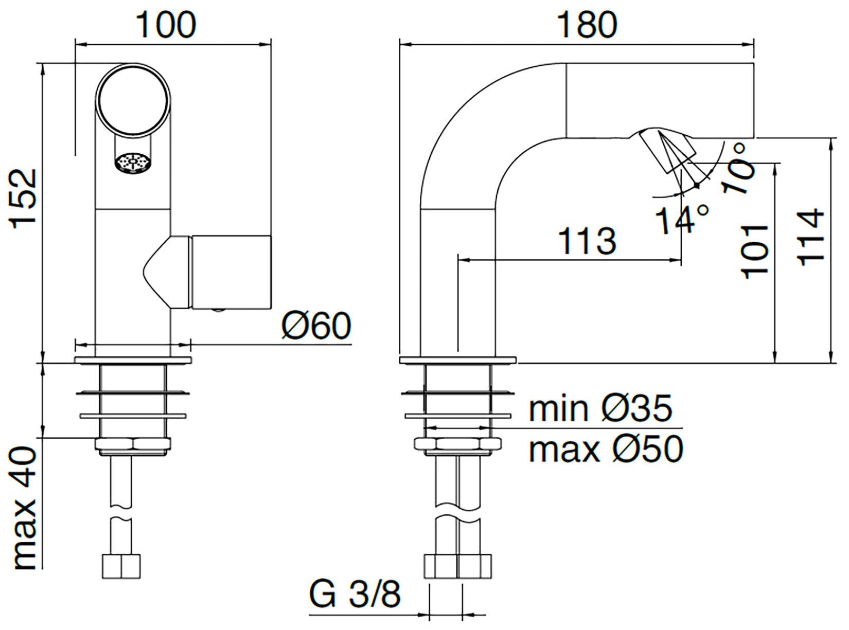 Rubinetterie Treemme 3M WaterTube IT 4A22 IS WT ZZ Miscelatore Monocomando Bidet Monoforo Appoggio 1 Manopola Stile Moderno Forma Tubo Tondo Miscelazione Meccanica Altezza 152 mm Lunghezza 180 mm Materiale Acciaio Finitura Inox Spazzolato Opaco