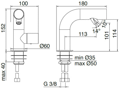 Rubinetterie Treemme 3M WaterTube IT 4A22 IS WT ZZ Miscelatore Monocomando Bidet Monoforo Appoggio 1 Manopola Stile Moderno Forma Tubo Tondo Miscelazione Meccanica Altezza 152 mm Lunghezza 180 mm Materiale Acciaio Finitura Inox Spazzolato Opaco