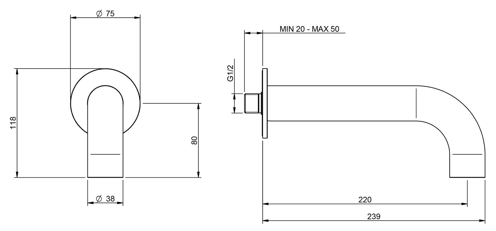 Rubinetterie Treemme 3M WaterTube IT 4A61 IS ZZ ZZ Bocca a Muro 220 mm Getto Erogazione Uscita Acqua Installazione Parete Stile Moderno Forma Tubo Tondo Monoforo Acciaio Inox Spazzolato Opaco Lunghezza 239 mm Portata Acqua 6 Litri Al Minuto