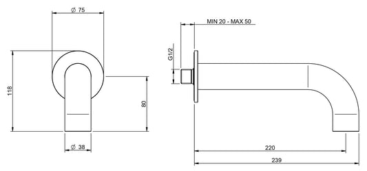Rubinetterie Treemme 3M WaterTube IT 4A61 IS ZZ ZZ Bocca a Muro 220 mm Getto Erogazione Uscita Acqua Installazione Parete Stile Moderno Forma Tubo Tondo Monoforo Acciaio Inox Spazzolato Opaco Lunghezza 239 mm Portata Acqua 6 Litri Al Minuto