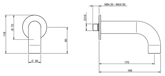 Rubinetterie Treemme 3M WaterTube IT 4A63 IS ZZ HF Bocca a Muro Per Vasca 170 mm Getto Erogazione Uscita Acqua Installazione Parete Stile Moderno Forma Tubo Tondo Monoforo Acciaio Inox Spazzolato Opaco Lunghezza 189 mm Portata Acqua 30 Litri Al Minuto