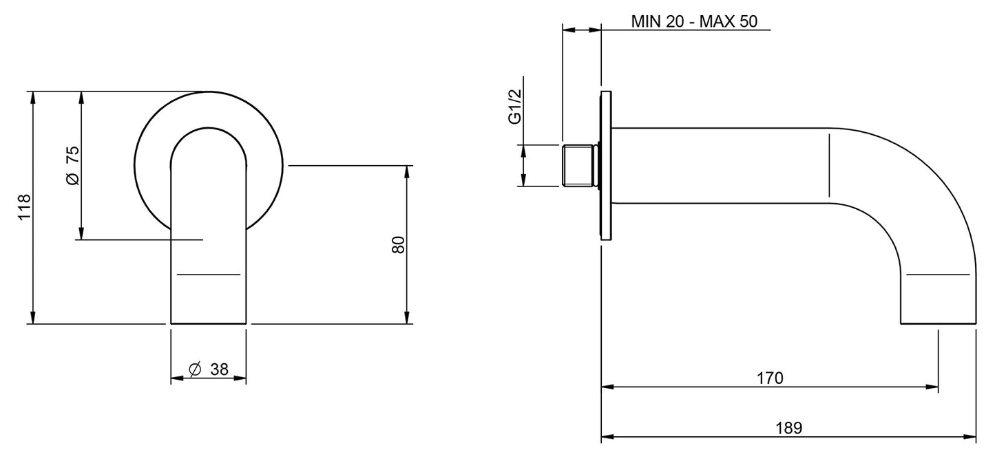 Rubinetterie Treemme 3M WaterTube IT 4A63 IS ZZ ZZ Bocca a Muro 170 mm Getto Erogazione Uscita Acqua Installazione Parete Stile Moderno Forma Tubo Tondo Monoforo Acciaio Inox Spazzolato Opaco Lunghezza 189 mm Portata Acqua 6 Litri Al Minuto
