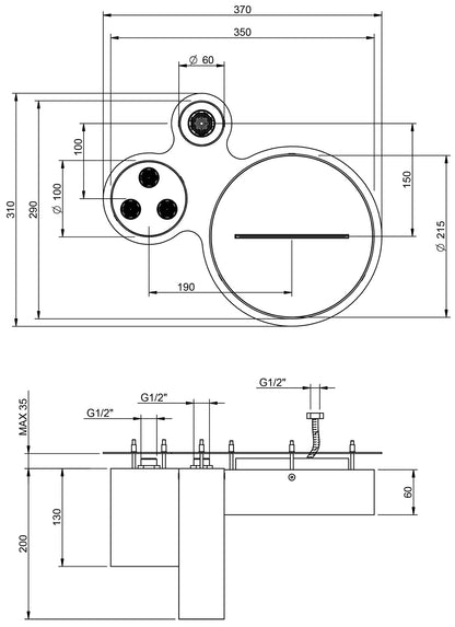 Rubinetterie Treemme 3M WaterTube IT RTBR 409 IS Soffione Doccia A Soffitto Forma Rotonda Cilindrica Con 3 Funzioni Cascata Pioggia Getto Diametro Ø 60 100 215 mm Stile Moderno Acciaio Finitura Inox Spazzolato Opaco
