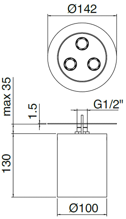 Rubinetterie Treemme 3M WaterTube IT RTBR 414 IS Soffione Doccia A Soffitto Forma Rotonda Cilindrica Uscita Acqua Pioggia Diametro Ø 142 mm Stile Moderno Acciaio Finitura Inox Spazzolato Opaco