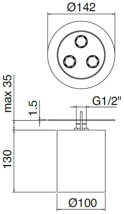 Rubinetterie Treemme 3M WaterTube IT RTBR 419 IS Soffione Doccia A Soffitto Forma Rotonda Cilindrica Uscita Acqua a Getto Diametro Ø 142 mm Altezza 130 mm Stile Moderno Acciaio Finitura Inox Spazzolato Opaco