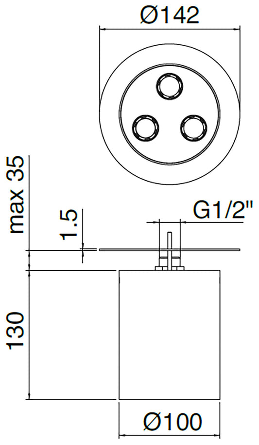 Rubinetterie Treemme 3M WaterTube IT RTBR 419 IS Soffione Doccia A Soffitto Forma Rotonda Cilindrica Uscita Acqua a Getto Diametro Ø 142 mm Altezza 130 mm Stile Moderno Acciaio Finitura Inox Spazzolato Opaco