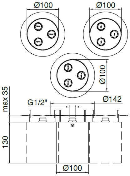 Rubinetterie Treemme 3M WaterTube IT RTBR 420 IS Soffione Doccia A Soffitto Forma Rotonda Cilindrica 3 Funzioni Uscita Acqua Pioggia Nebulizzatore Getto Diametro Ø 142 mm Altezza 130 mm Stile Moderno Acciaio Finitura Inox Spazzolato Opaco