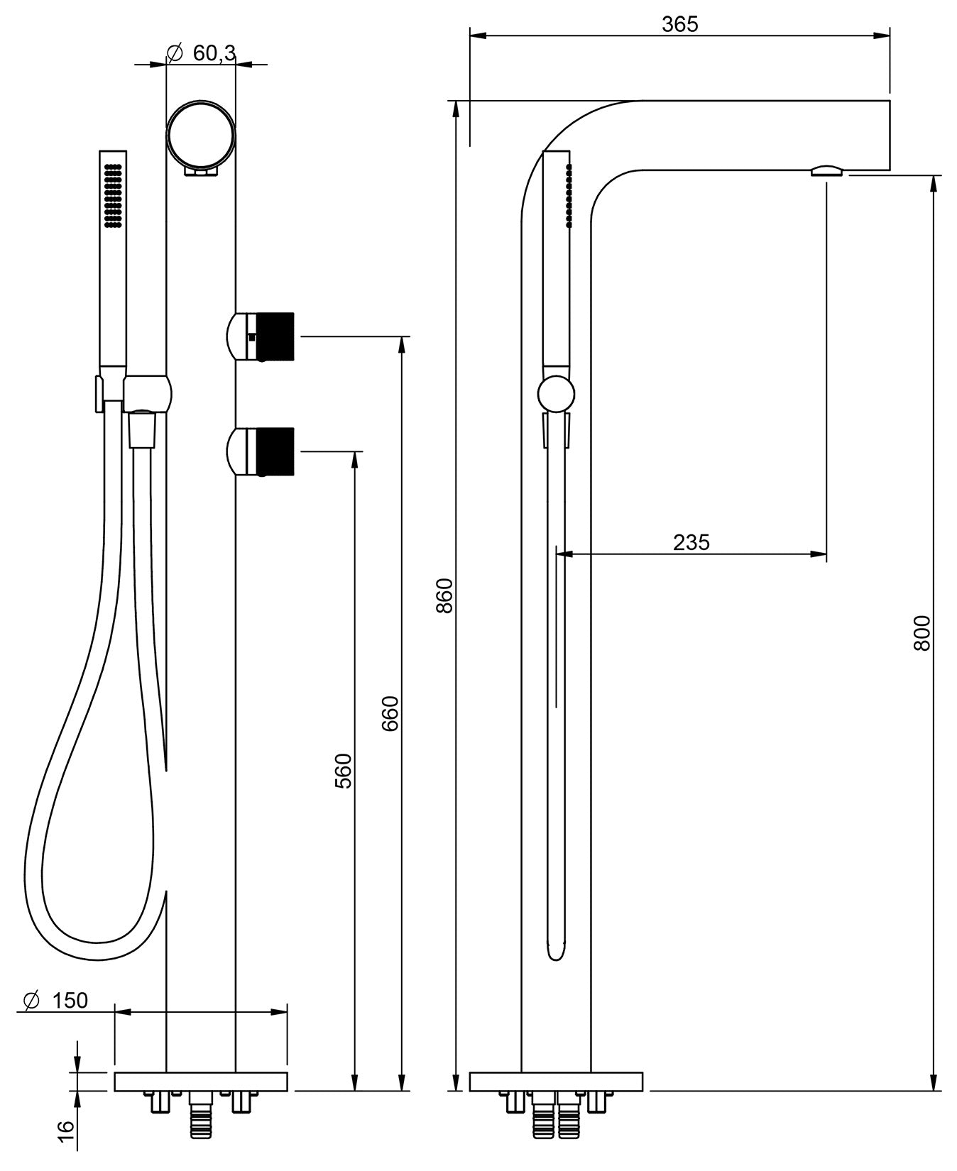 Rubinetterie Treemme 3M WaterTube RWIT 4A03 IS 50 + RWIT 4A62 ZZ 50 Miscelatore Vasca Da Terra a Pavimento Meccanico Parte Interna Esterna Inclusa Monoforo Con Piastra 2 Leve Doccetta Moderno Acciaio Inox Spazzolato Opaco Flessibile PVC