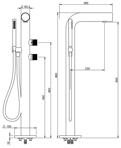 Rubinetterie Treemme 3M WaterTube RWIT 4A03 IS 50 + RWIT 4A62 ZZ 50 Miscelatore Vasca Da Terra a Pavimento Meccanico Parte Interna Esterna Inclusa Monoforo Con Piastra 2 Leve Doccetta Moderno Acciaio Inox Spazzolato Opaco Flessibile PVC