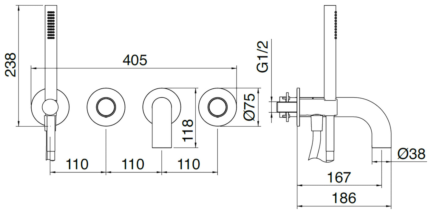 Rubinetterie Treemme 3M WaterTube RWIT 4AD8 IS 04 + RWIT 51D7 ZZ 12 Miscelatore Vasca / Doccia Incasso Parete Monocomando Meccanico 4 Fori Staffa Cartongesso Doccetta 2 Manopole Moderno Acciaio Inox Spazzolato Opaco Flex PVC Parte Interna Esterna Inclusa