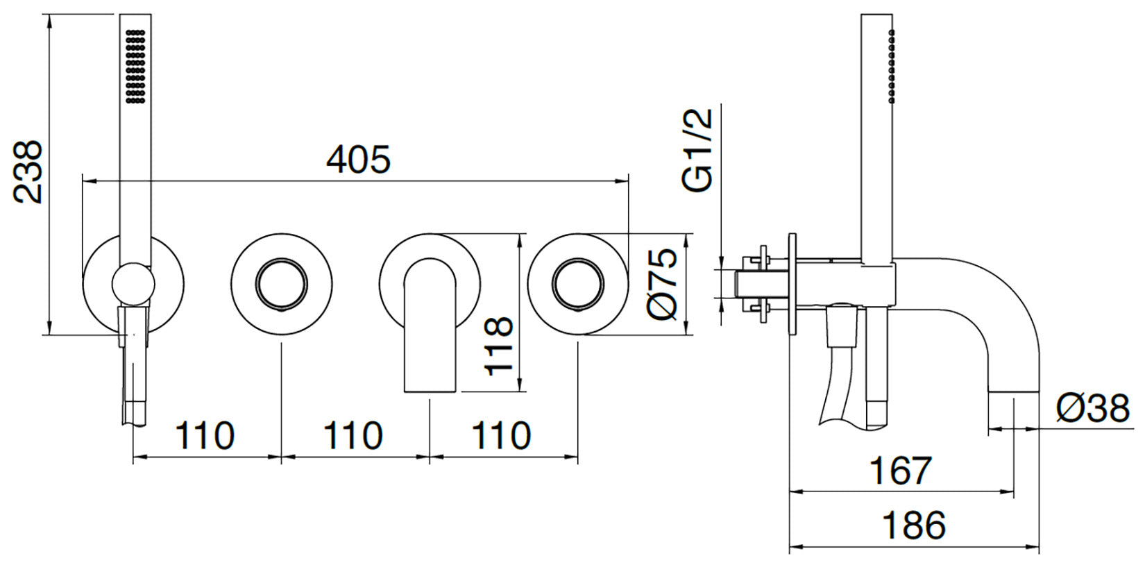 Rubinetterie Treemme 3M WaterTube RWIT 4AD8 IS 04 + RWIT 51D7 ZZ 12 Miscelatore Vasca / Doccia Incasso Parete Monocomando Meccanico 4 Fori Staffa Cartongesso Doccetta 2 Manopole Moderno Acciaio Inox Spazzolato Opaco Flex PVC Parte Interna Esterna Inclusa