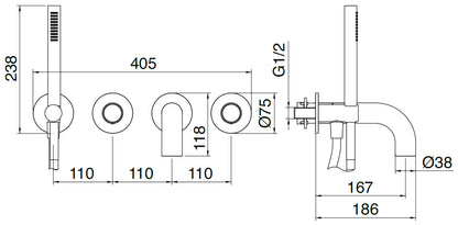 Rubinetterie Treemme 3M WaterTube RWIT 4AD8 IS 04 + RWIT 51D7 ZZ 12 Miscelatore Vasca / Doccia Incasso Parete Monocomando Meccanico 4 Fori Staffa Cartongesso Doccetta 2 Manopole Moderno Acciaio Inox Spazzolato Opaco Flex PVC Parte Interna Esterna Inclusa