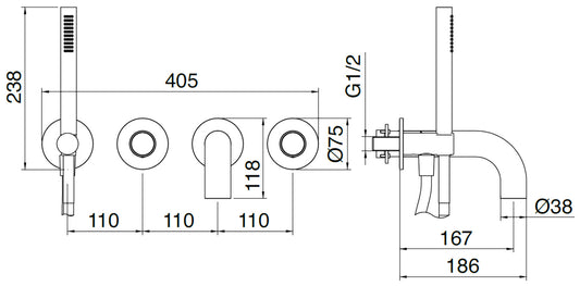 Rubinetterie Treemme 3M WaterTube RWIT 4AD8 IS 04 + RWIT 51D7 ZZ 12 Miscelatore Vasca / Doccia Incasso Parete Monocomando Meccanico 4 Fori Staffa Cartongesso Doccetta 2 Manopole Moderno Acciaio Inox Spazzolato Opaco Flex PVC Parte Interna Esterna Inclusa