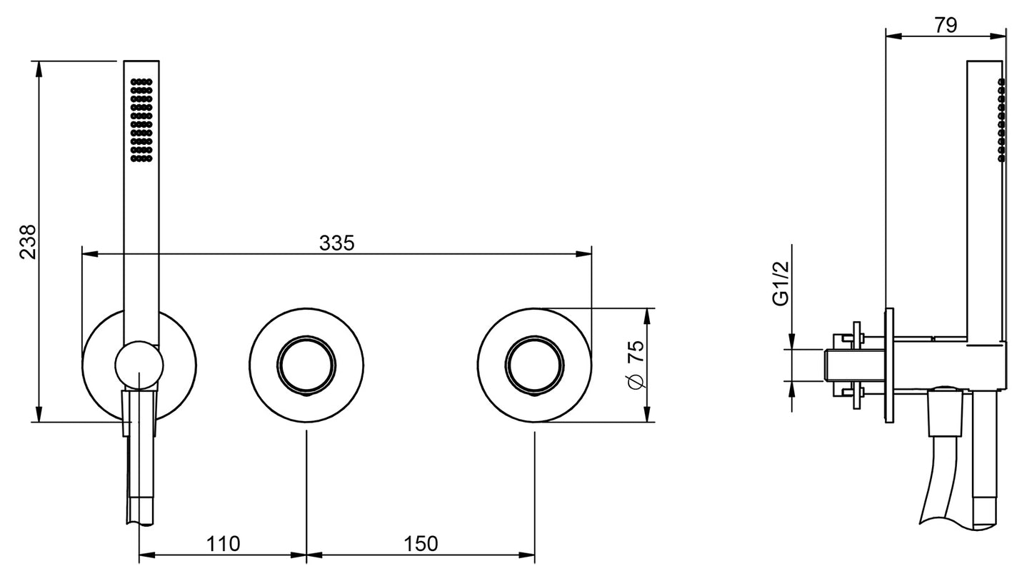 Rubinetterie Treemme 3M WaterTube RWIT 4AD9 IS 04 + RWIT 51D9 ZZ 01 Miscelatore Vasca / Doccia Incasso Parete Monocomando Meccanico 3 Fori Staffa Cartongesso Doccetta 2 Manopole Moderno Acciaio Inox Spazzolato Opaco Flex PVC Parte Interna Esterna Inclusa