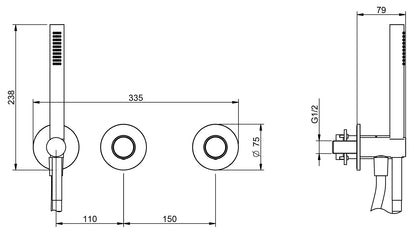 Rubinetterie Treemme 3M WaterTube RWIT 4AD9 IS 04 + RWIT 51D9 ZZ 01 Miscelatore Vasca / Doccia Incasso Parete Monocomando Meccanico 3 Fori Staffa Cartongesso Doccetta 2 Manopole Moderno Acciaio Inox Spazzolato Opaco Flex PVC Parte Interna Esterna Inclusa