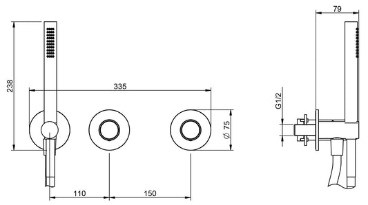 Rubinetterie Treemme 3M WaterTube RWIT 4AD9 IS 04 + RWIT 51D9 ZZ 01 Miscelatore Vasca / Doccia Incasso Parete Monocomando Meccanico 3 Fori Staffa Cartongesso Doccetta 2 Manopole Moderno Acciaio Inox Spazzolato Opaco Flex PVC Parte Interna Esterna Inclusa