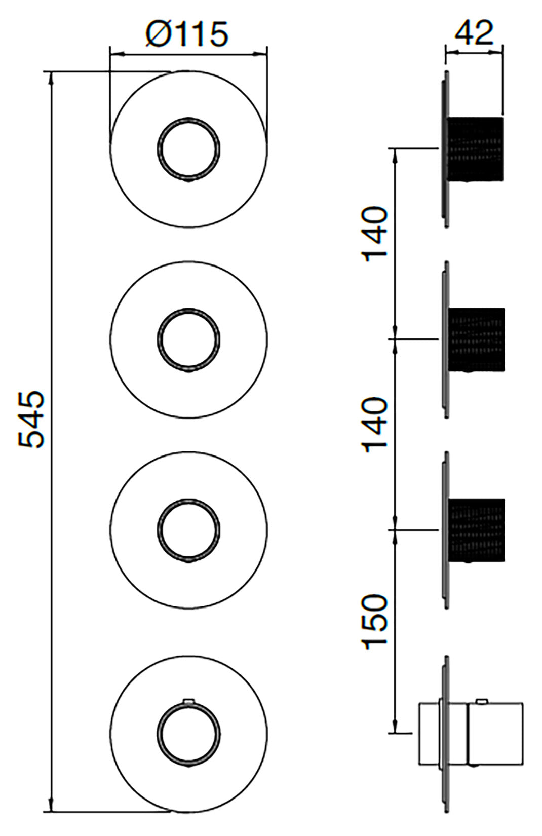Rubinetterie Treemme 3M WaterTube RWIT 5A75 IS 01 + RWIT 7275 ZZ 40 Miscelatore Termostatico Doccia Incasso Parete 3 Uscite 4 Fori Doppio Orientamento Stile Moderno Acciaio Inox Spazzolato Opaco Parte Interna Esterna Incluse