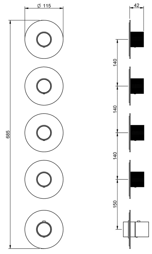 Rubinetterie Treemme 3M WaterTube RWIT 5A76 IS 01 + RWIT 7276 ZZ 40 Miscelatore Termostatico Doccia Incasso Parete 4 Uscite 5 Fori Doppio Orientamento Stile Moderno Acciaio Inox Spazzolato Opaco Parte Interna Esterna Incluse
