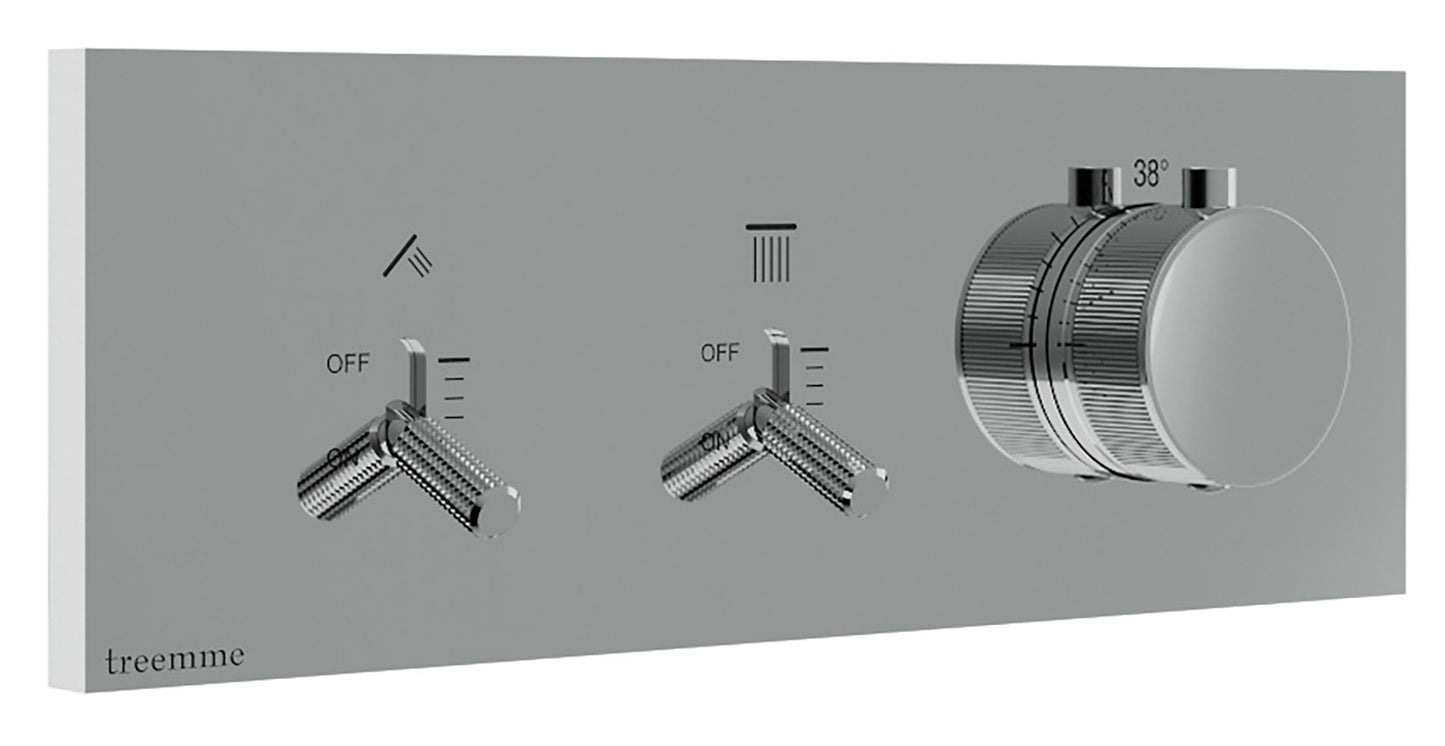 Rubinetterie Treemme 3M Watt RWIT 2B86 CC 01 + RWIT 2B86 ZZ 30 Miscelatore Doccia Termostatico Monocomando Incasso 2 Uscite Parete 3 Fori Parte Interna Esterna Incluse Stile Moderno Con Piastra Materiale Ottone Finitura Cromata